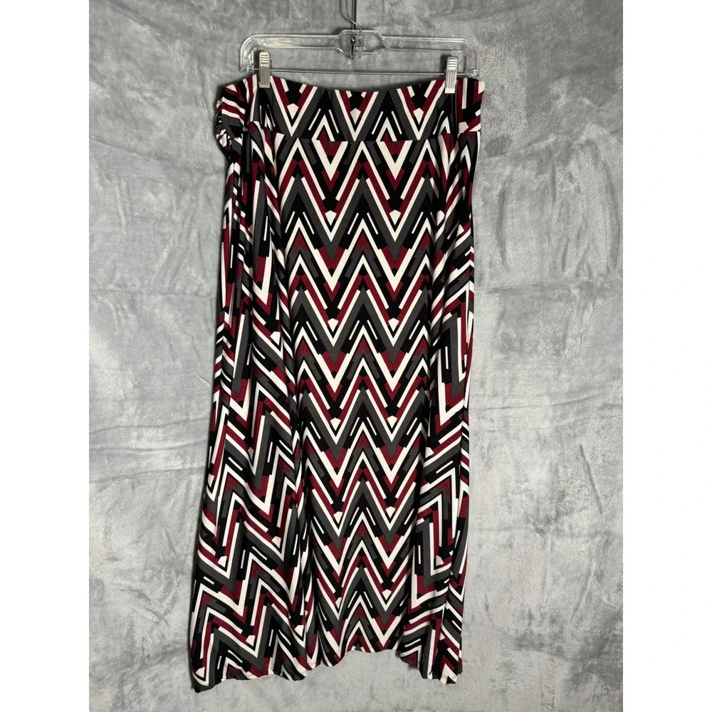 Robert Louis Womens XL Chevron Maxi Skirt Burgundy Black Geometric O-Ring‎